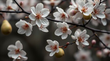 Blooming Cherry Blossom Branch with White Flowers and Buds in Spring