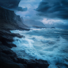 Obraz premium Stormy ocean waves crashing on rugged coastline cliffs in a powerful storm