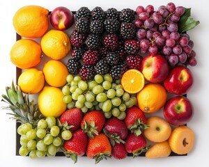 Perfectly symmetrical arrangement of organic fruits on a white background, nutrition simplicity