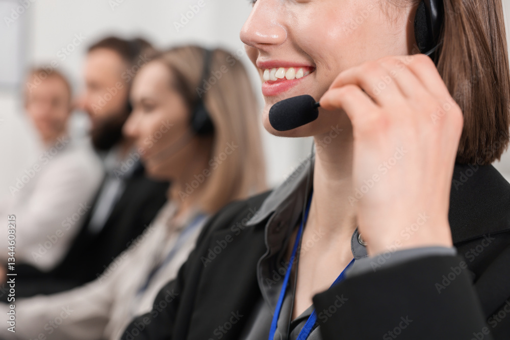 Poster technical support call center. team of operators working in office, selective focus