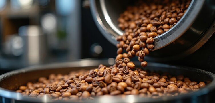Close-up of coffee roaster machine processing brown coffee beans in a cafe. Roasting aroma preparation of aromatic fresh brew. Industrial equipment grinder manufacturing hot caffeine beverage.