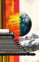 Vintage Typewriter with Cosmic Elements Spitting Out Planets and Stars