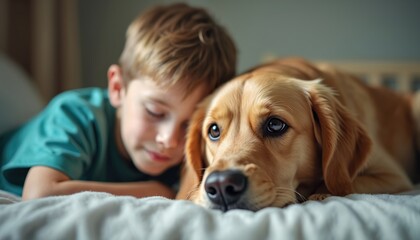 Boy lies near Golden Retriever dog. Kid hugs pet, communicates. Companionship therapy, assistance for child, pet best friend. Human animal bond, love care. Children mental health.