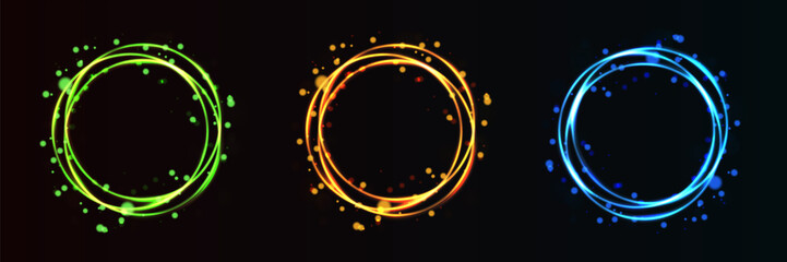 Set of golden blue and green circle light effects. Bokeh sparkles with round elliptical line.Vector illustration.