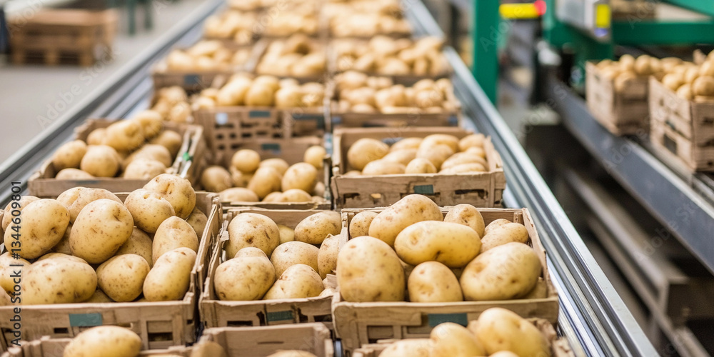 Aufkleber fresh potatoes on conveyor belt at processing facility generative ai
