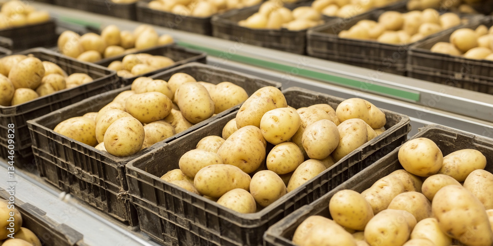 Poster Fresh potatoes sorted in crates on a conveyor belt Generative AI
