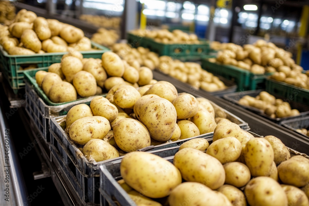 Poster fresh potatoes being sorted on conveyor in packing facility generative ai