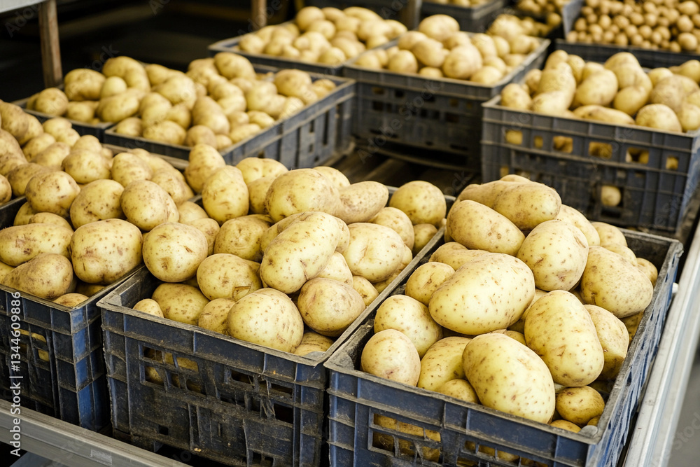 Poster Fresh potatoes being sorted on conveyor belts in crates Generative AI