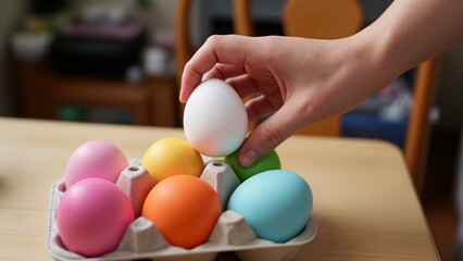 A person is placing a white egg on top of a carton of colored eggs.