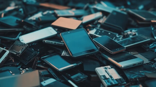 Pile of Discarded Smartphones and Electronic Waste for Recycling
