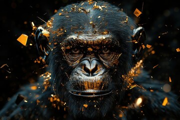 Obraz premium Portrait of a chimpanzee covered in gold particles on black