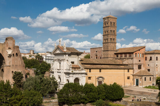 The Basilica of Santa Francisca Romana or Santa Maria Nova is a Catholic church (1615) and a Romanesque bell tower (12th century, located next to the Roman Forum in the Campitelli district of Rome
