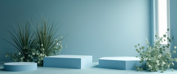 three pale-blue geometric platforms with greenery