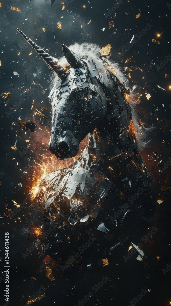 Poster an artistic rendering of a powerful metallic unicorn form