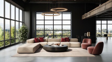 Fototapeta premium Warm brutalist attic loft living room, black walls, oversized smoky beige sofa, large raspberry pillows, legless armchairs, industrial chandelier