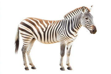 Realistic zebra with black and white striped coat standing in full side view, displaying its natural markings and strong physique on an isolated white background