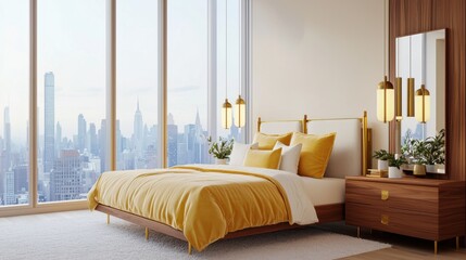 Obraz premium Wood and metal fusion bedroom, soft cream walls, yellow satin bedding, brass fixtures, hanging pendant lights, city skyline view