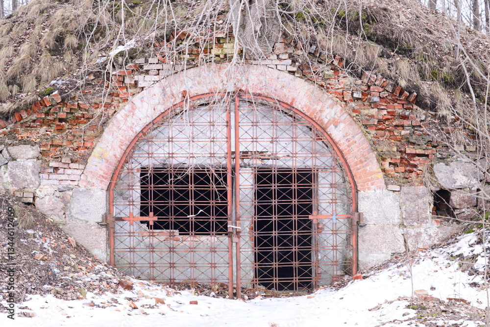 Aufkleber a historic brick structure with a prominent window, suitable for architectural or nostalgic uses.