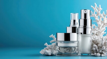 Cosmetic products on a blue background