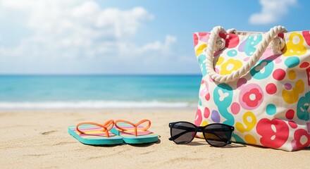 beach bag, beach slippers and sunglasses on the beach