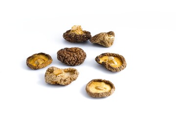 A crisp image of dried shiitake mushrooms on white, highlighting their rustic texture and earthy, natural tones.