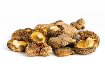 A crisp image of dried shiitake mushrooms on white, highlighting their rustic texture and earthy, natural tones.
