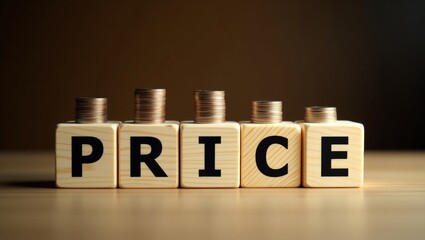 Conceptual photograph of wooden blocks spelling price with stacked coins against a blurred brown background