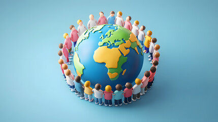 Global Unity Concept: Diverse 3D People Surrounded Around a Cartoon Globe Vector Illustration