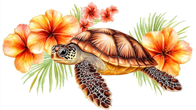 Watercolor Sea Turtle Amidst Orange Hibiscus and Lush Green Tropical Foliage