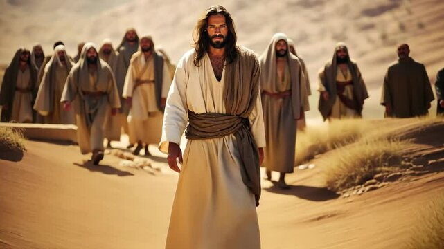 Historical depiction of  Jesus and figures walking in desert with central character leading the way