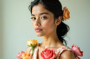 Fototapeta premium Portrait of young Asian woman in spring and summer flowers. Concept of spring, beauty, revival of nature