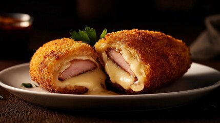 Delectable Cordon Bleu Sliced Open with Melting Cheese, on a White Plate