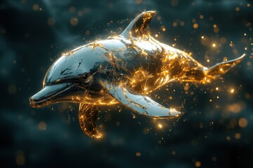 An ethereal dolphin swims amidst sparkling golden luminous particles in the dark