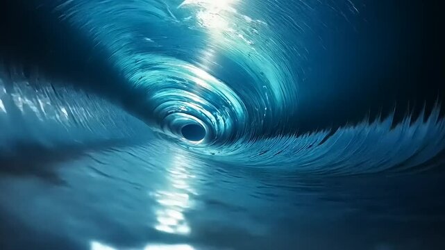 Captivating underwater view of a swirling ocean wave tunnel, showcasing light reflections and depth