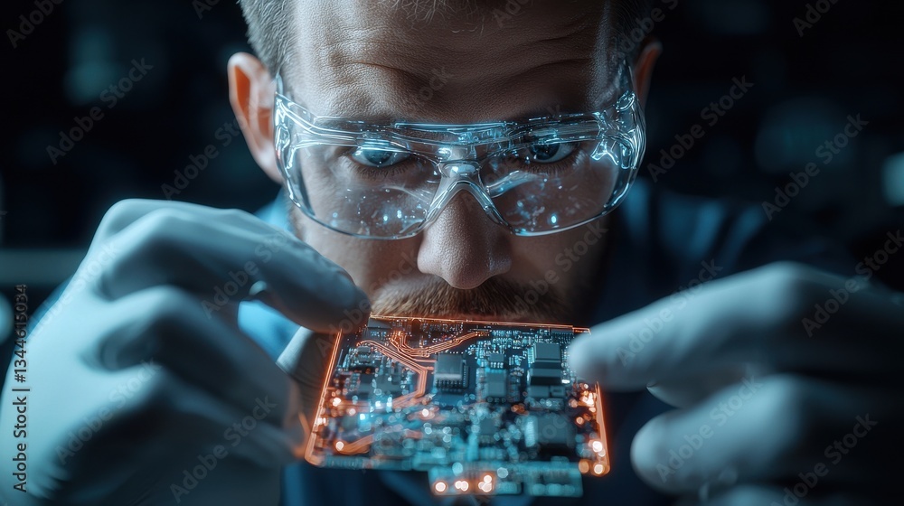 Aufkleber a man is looking at a computer chip with a pair of goggles on