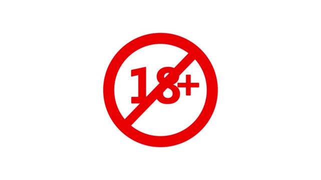 Animated Under 18 forbidden ban icon on black background. 18 not allowed logo animation. 18 Plus movie icon.