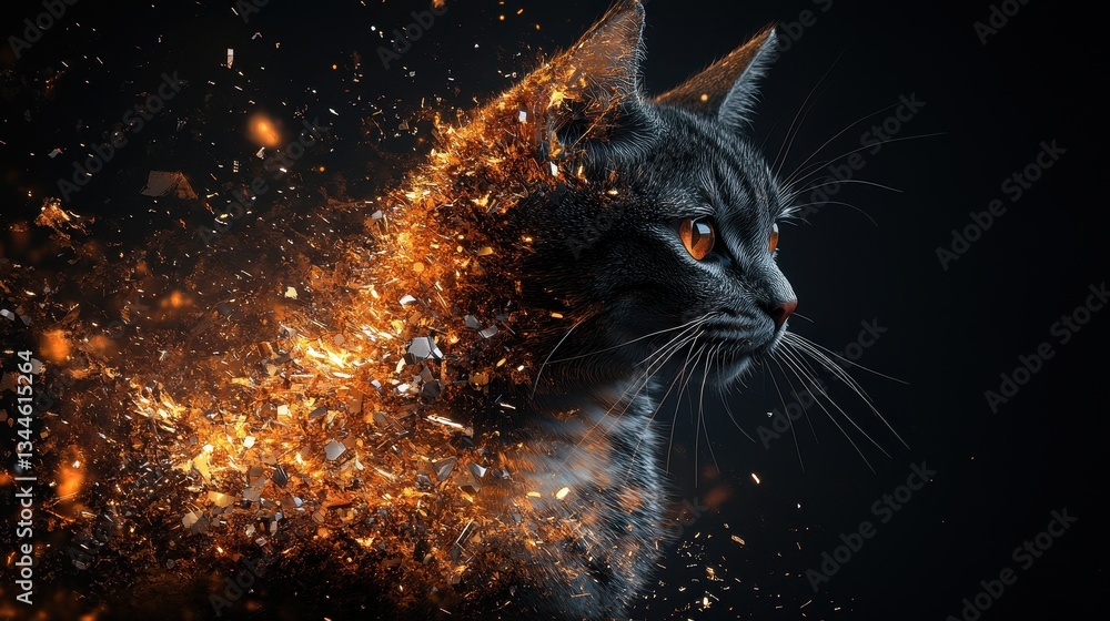 Poster a black cat with exploding fire like particle effects