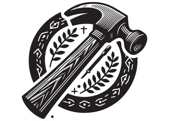 silhouette hammer logo vector design, hammer logo icon silhouette, hammer silhouette, hand gripping a hammer vector silhouette, black and white hammer tool logo icon on  white background