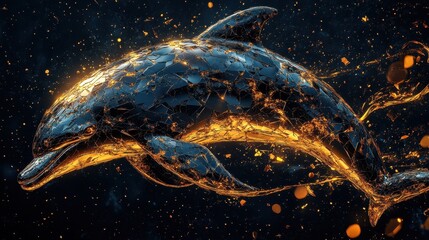 A Futuristic Dolphin With Glowing Fractured Body Swimming Gracefully