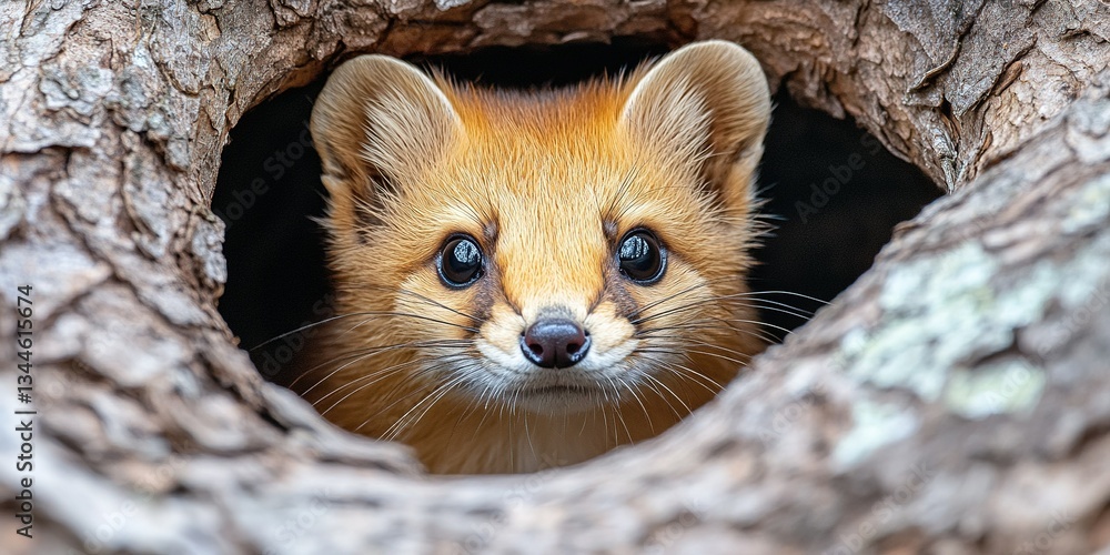 Poster curious fox peering out from a tree hollow in a serene forest setting during daylight
