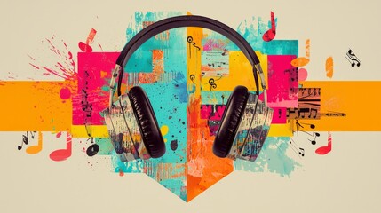 Colorful Splash of Musical Notes with Headphones on Vibrant Background