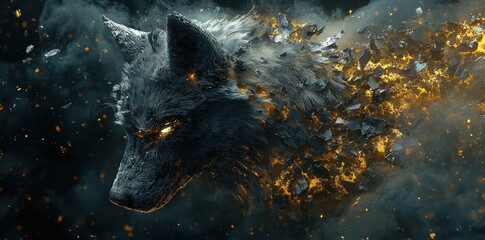A mysterious wolf portrait with fragments and glowing details in the dark