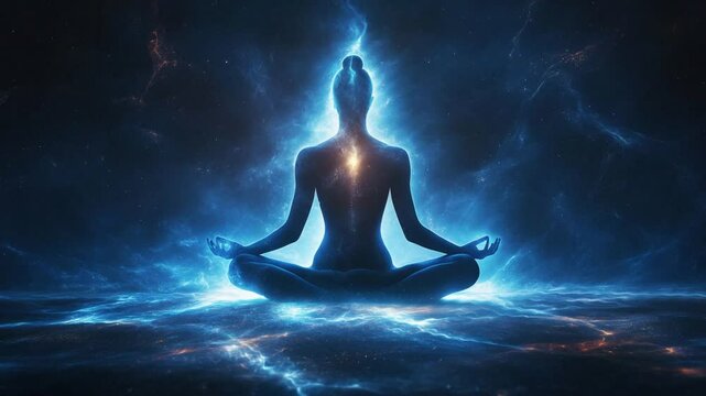 Digital Yoga cosmic spiritual mindfulness, spirituality, inner peace, and connection energy space meditation illustration, silhouette of man practicing outdoors at night, 4k Animation video