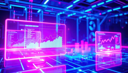 Holographic Interface Background with Data Charts, Futuristic Finance Technology in Neon Blue and Pink, with Space for Text