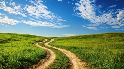 Obraz premium Winding Dirt Road Through Grassy Field Under Bright Blue Sky