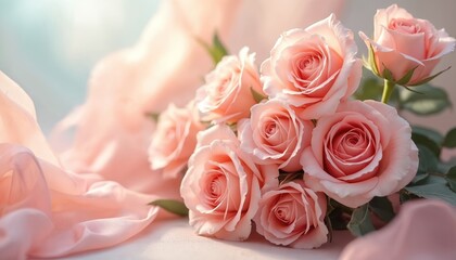 Obraz premium Beautiful bouquet of blooming pink roses on a light background with silk cloth. Rose flowers soft focus closeup. Peach Fuzz color trendy floral design for Valentine or anniversary cards.