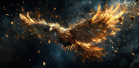 A majestic flaming phoenix soaring through a darkened celestial sky