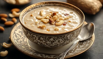 A large bowl of kheer, a traditional Indian sweet dessert made with milk and rice