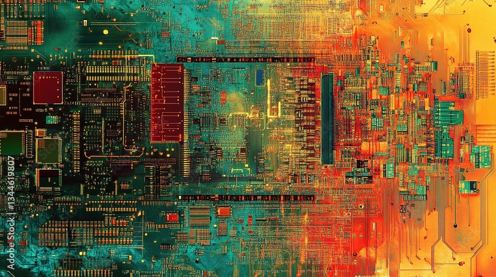 Poster abstract electronic circuit design with digital components and colors