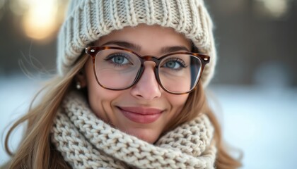 Woman wears cozy winter outfit smiles warmly. Blonde girl wearing knit hat scarf eyeglasses. Eyes stand out. Happy face. Urban casual attire style. Holiday snow cold comfort concept.